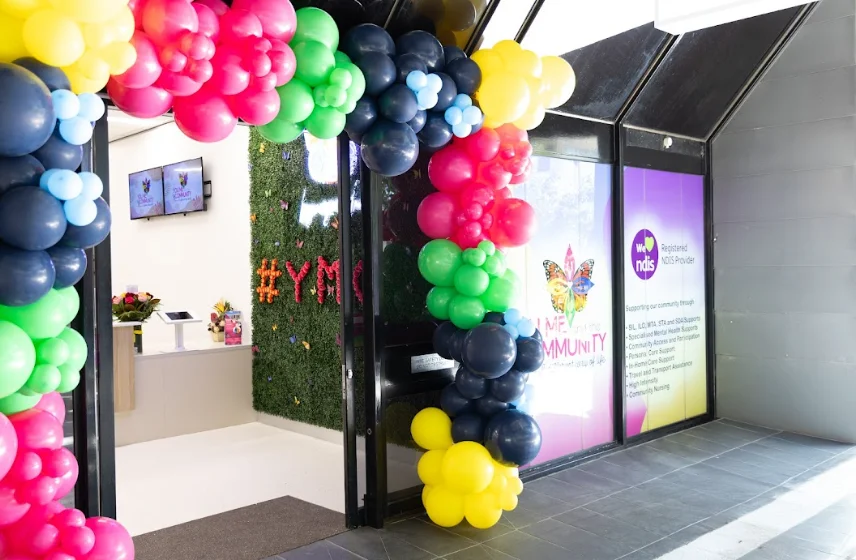 The Legacy Hub in Ipswich decorated with colourful balloon arches, showcasing one of the Best Venues for Community Events and boardroom hire