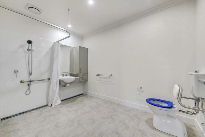 Accessible bathroom with roll-in shower, grab rails and toilet in Ormeau