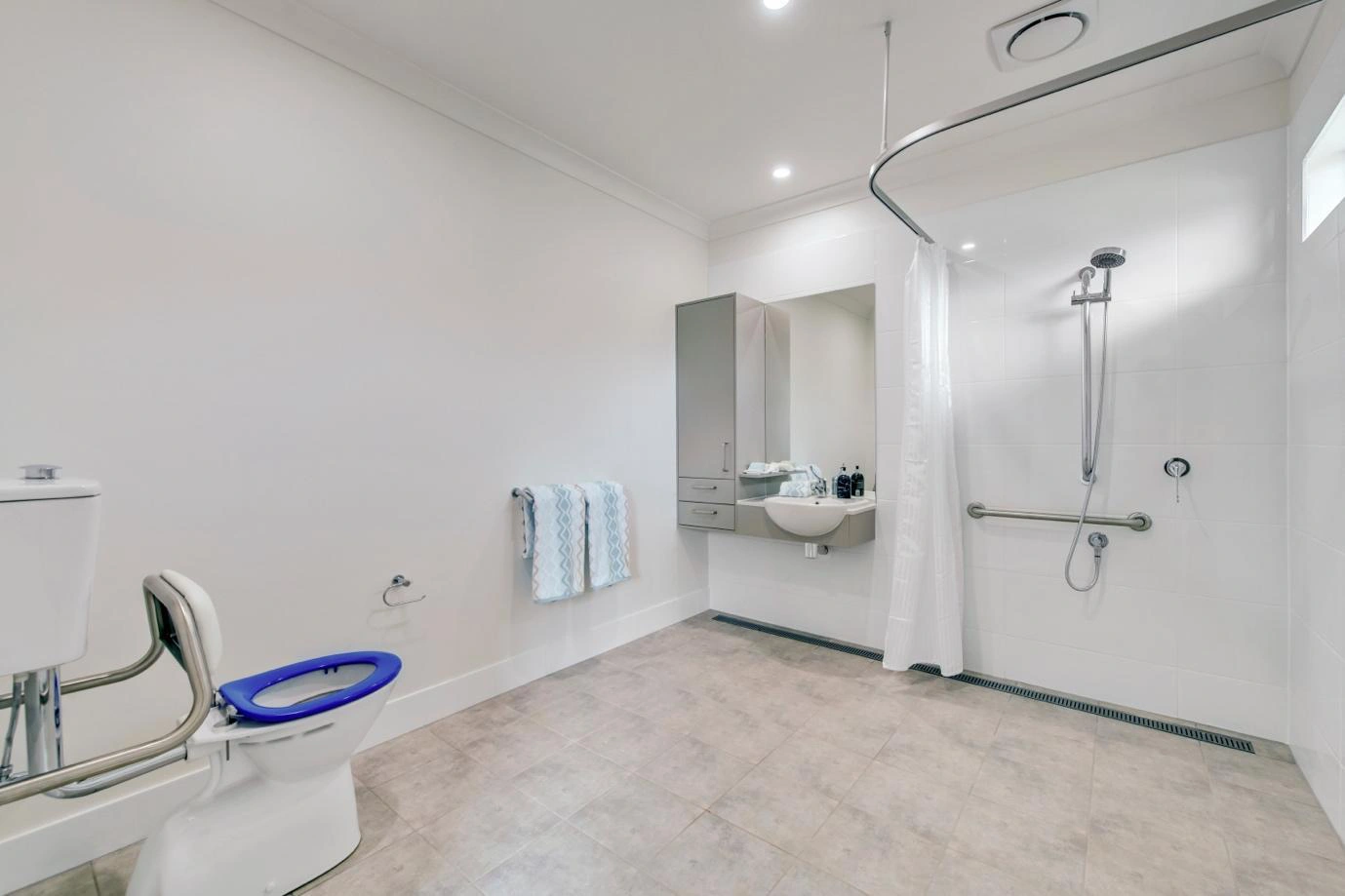 Spacious wheelchair-accessible bathroom with roll-in shower and grab rails in Ormeau